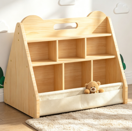 Double-Sided Solid Pine Wood Kids Bookshelf, Portable Book Display and Storage for Nursery, Bedroom, or Classroom